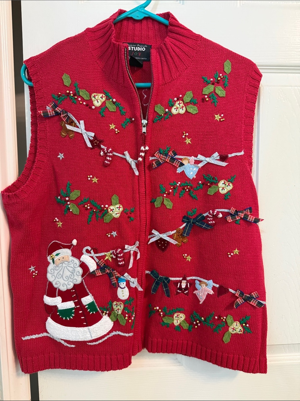Holiday Red Santa Appliqué Knit Vest by Studio Joy